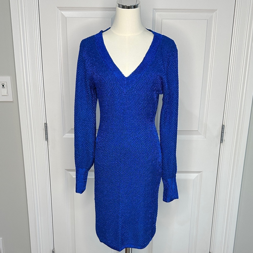 NWT Fashion Nova Royal Blue Cobalt V-Neck Knit Bodycon Sweater Mini Dress Size L - Picture 1 of 17